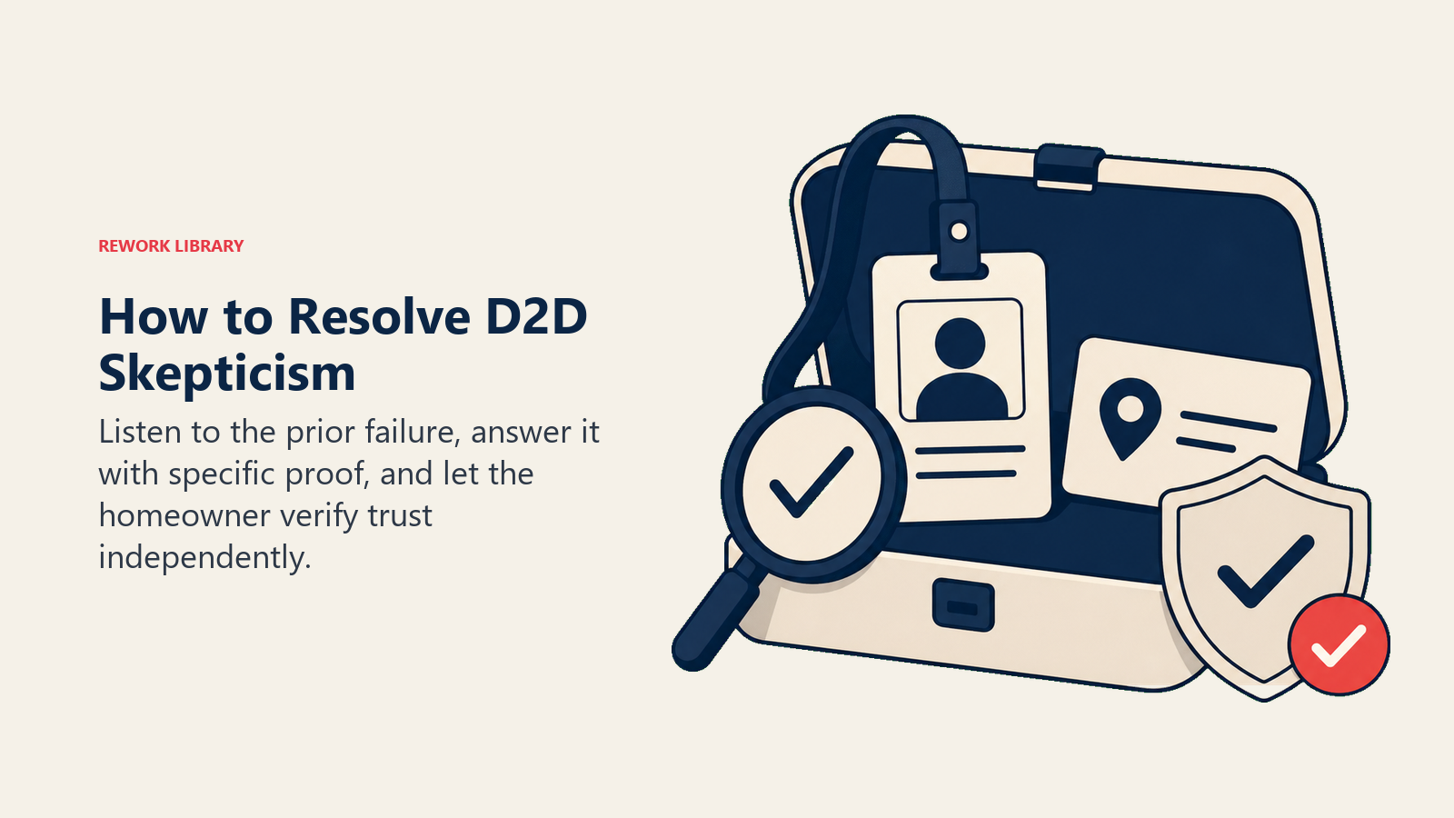 How to Resolve D2D Skepticism illustrated with an open verification case containing an ID badge, local office card, review magnifier, and service guarantee shield, with one coral verified check token
