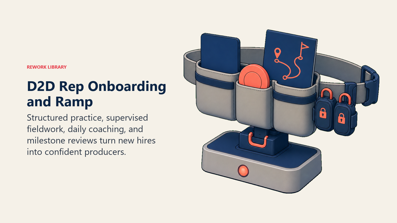 D2D rep onboarding and ramp shown as a field training toolbelt on a doorstep launch platform