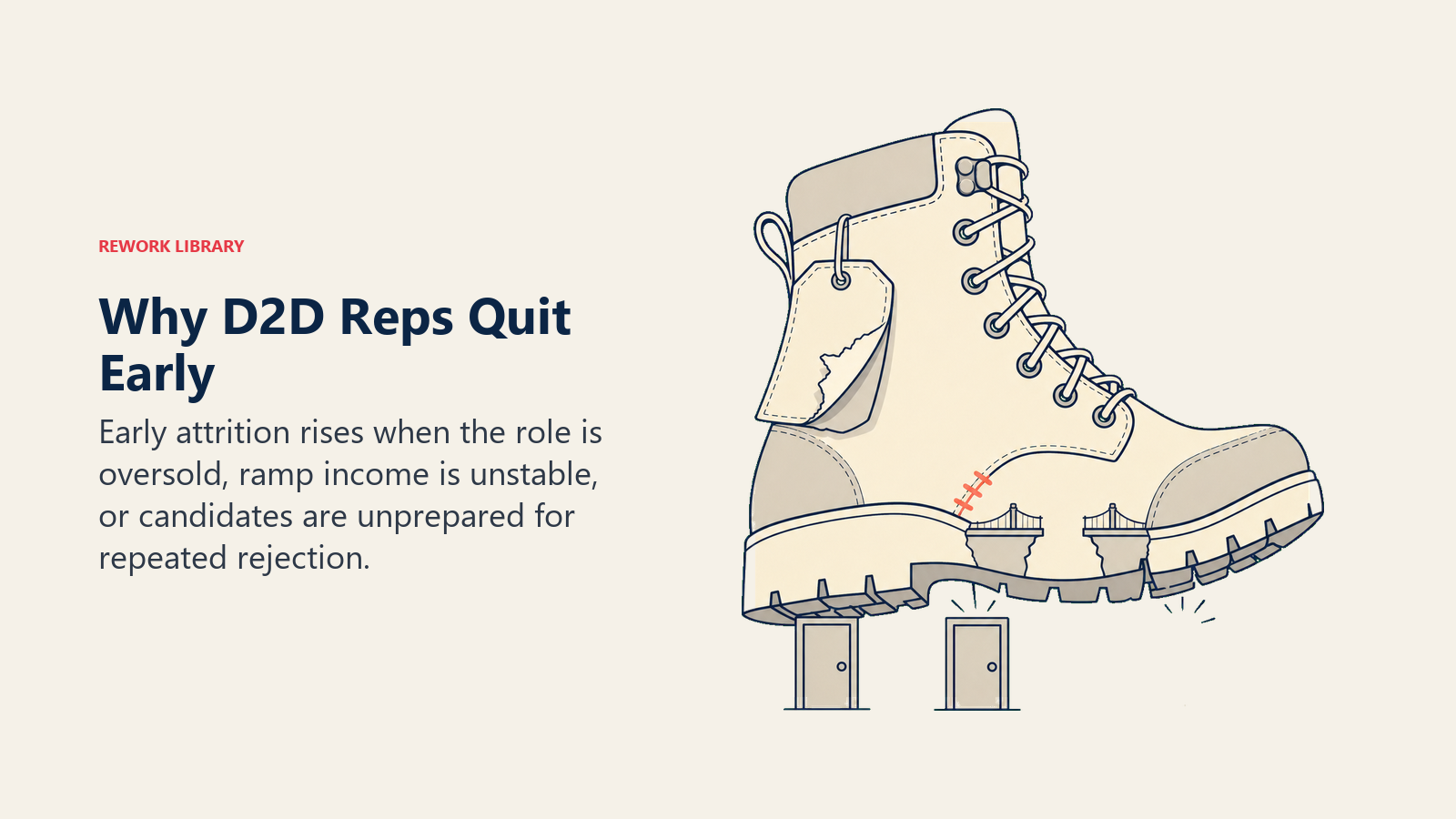 Why D2D reps quit early shown through a field boot strained by role mismatch, income gaps, and repeated rejection