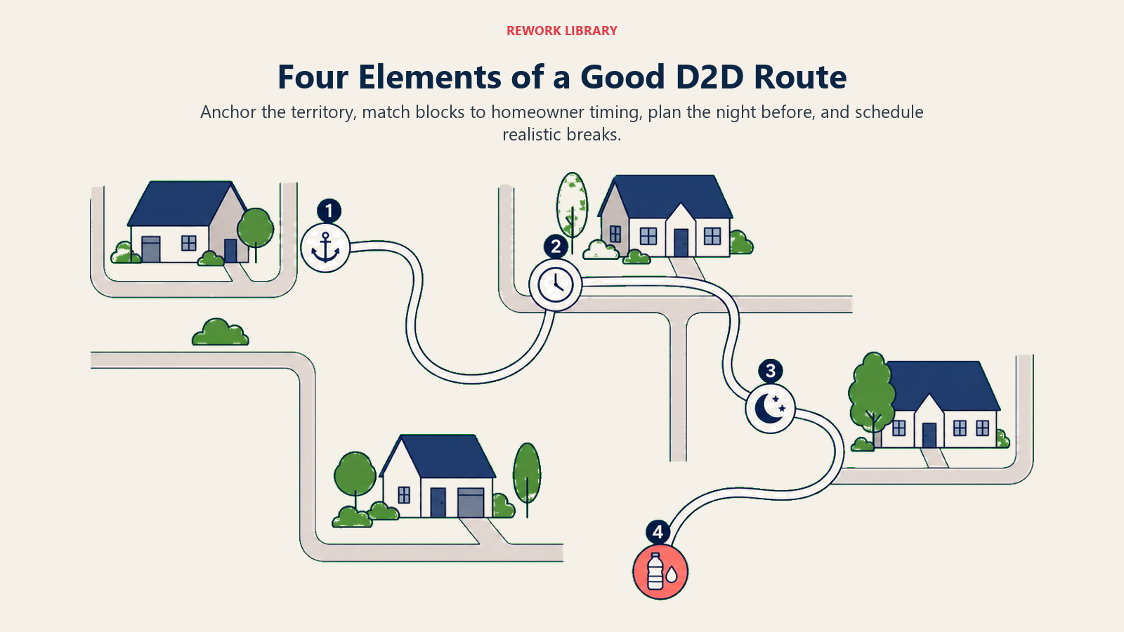 Four elements of a good D2D route shown on a lawnmower neighborhood sweep