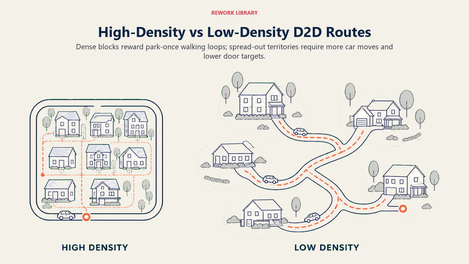 High-density versus low-density D2D routes compared by walking loops and car movement