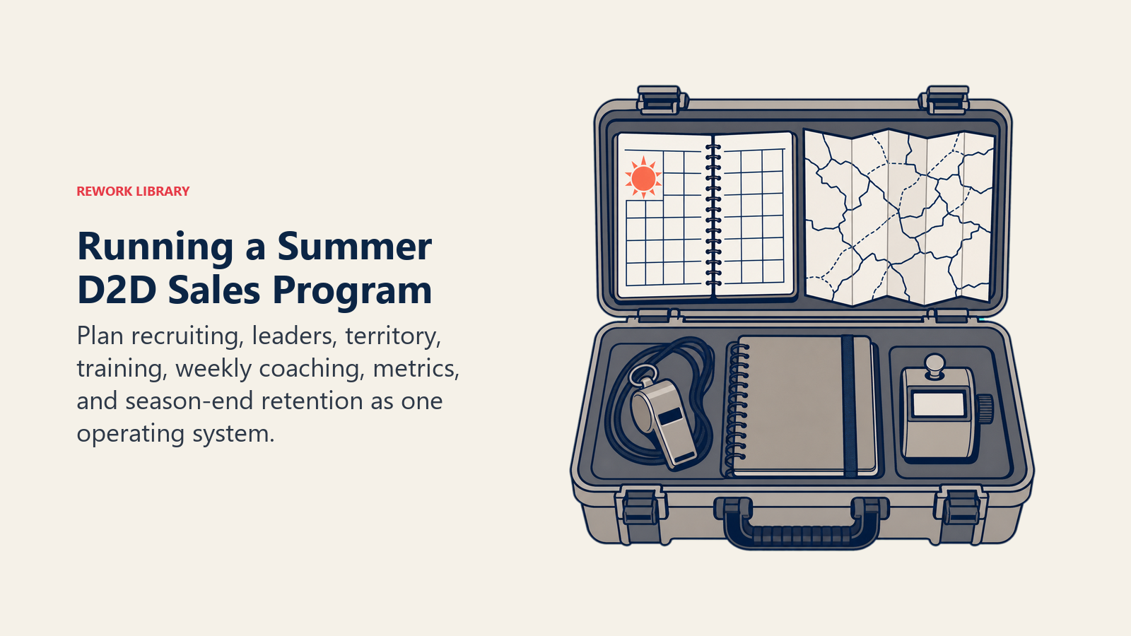 Running a Summer D2D Sales Program illustrated as a field-operations case with calendar, map, training, and team tools