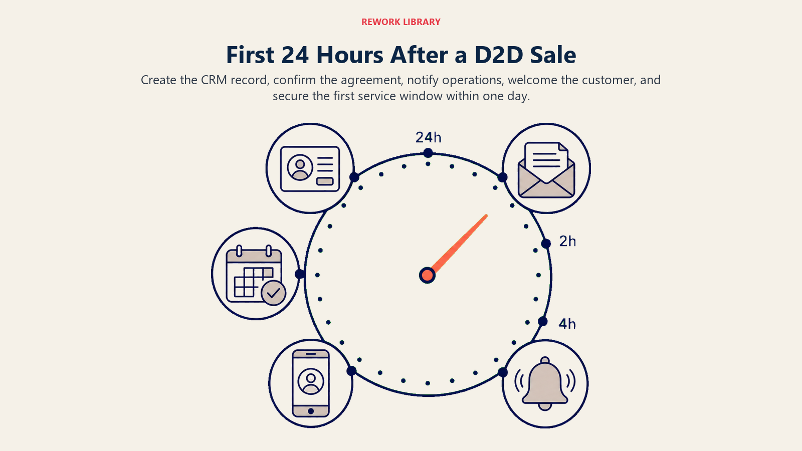First 24 hours after a D2D sale shown as a clock sequence from CRM entry to confirmed service
