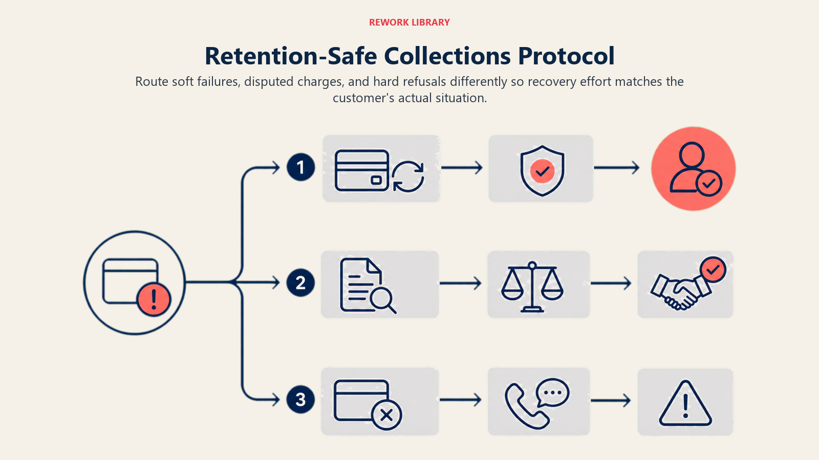 Retention-Safe Collections Protocol illustrated as distinct recovery routes for soft failures, disputes, and hard refusals