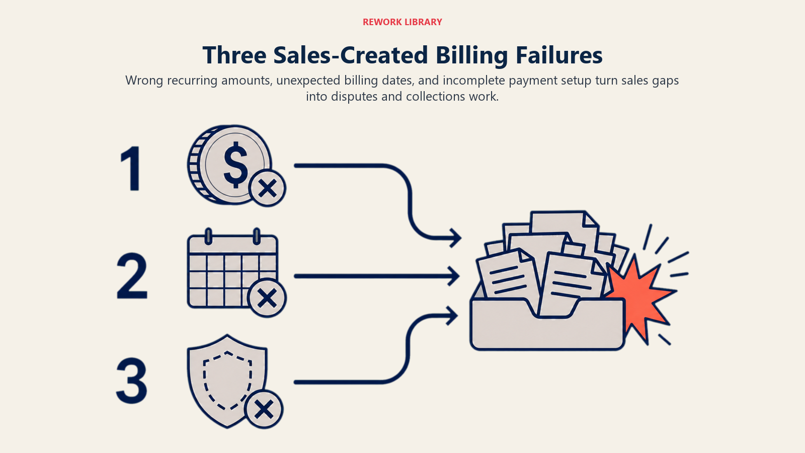 Three Sales-Created Billing Failures illustrated as amount, date, and payment gaps converging on billing disputes