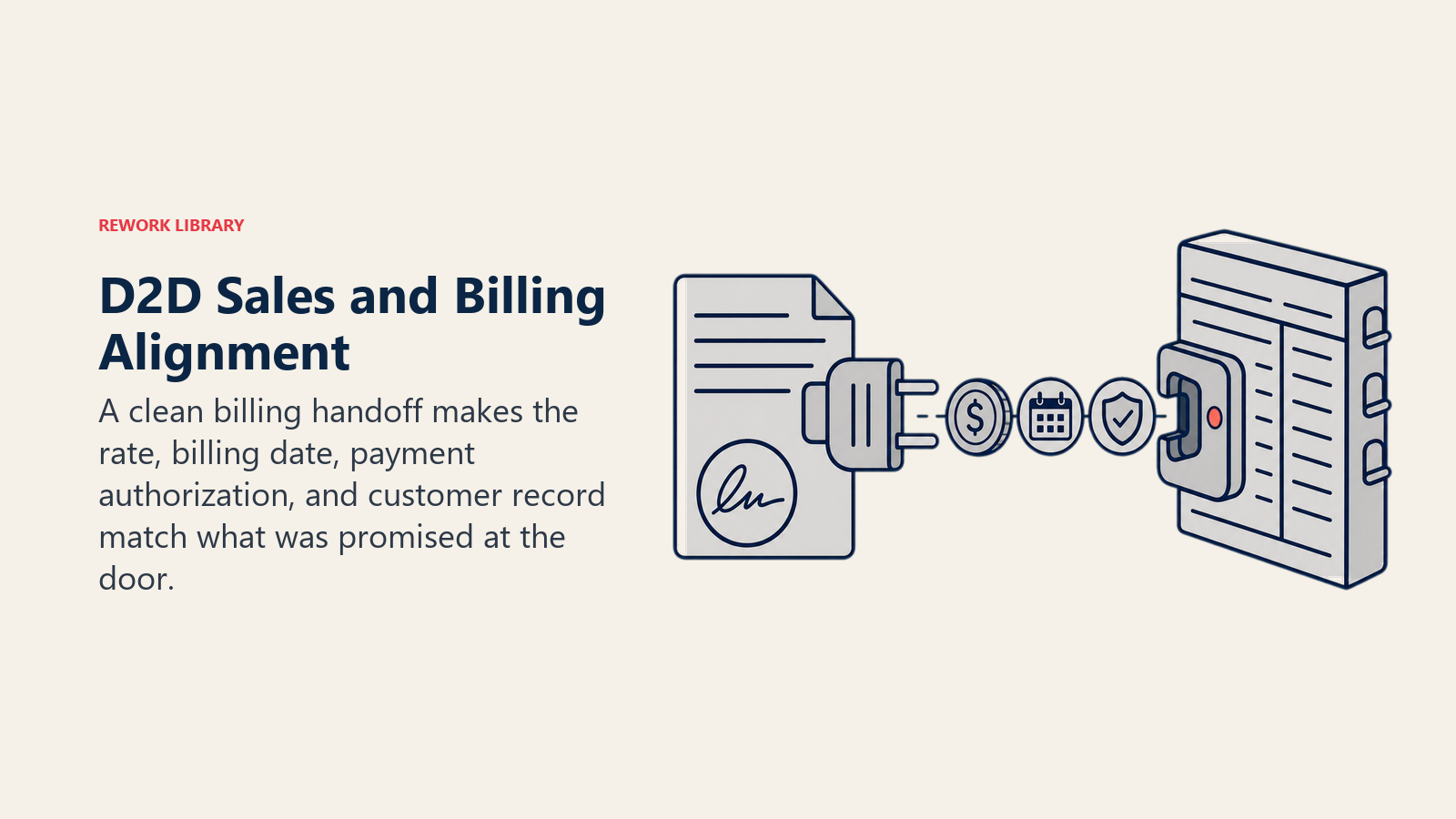 D2D Sales and Billing Alignment illustrated as a doorstep agreement fitting precisely into a billing ledger
