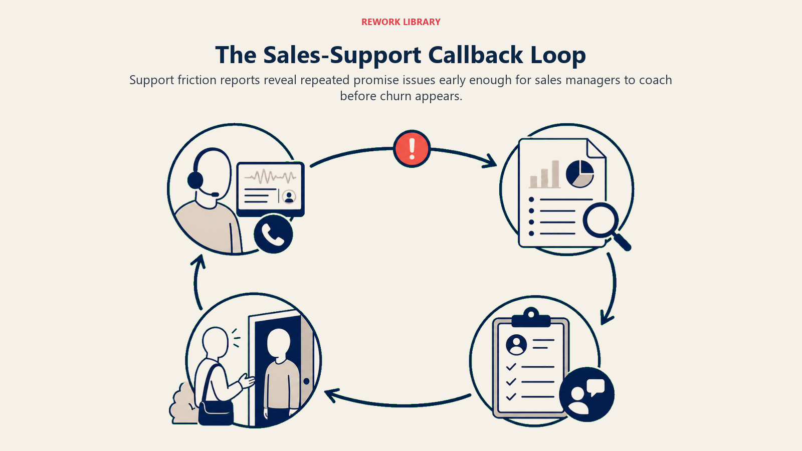 The Sales-Support Callback Loop illustrated with a wide circular feedback loop moving from a support call record to a friction report, then a coaching clipboard, then back to a cleaner doorstep conversation, with one coral early-warning flag