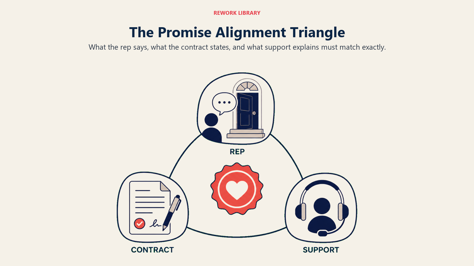 The Promise Alignment Triangle illustrated with a wide balanced triangle with three rounded corner artifacts: doorstep speech bubble, signed contract, and support headset, linked around one coral promise seal; sparse labels REP, CONTRACT, SUPPORT