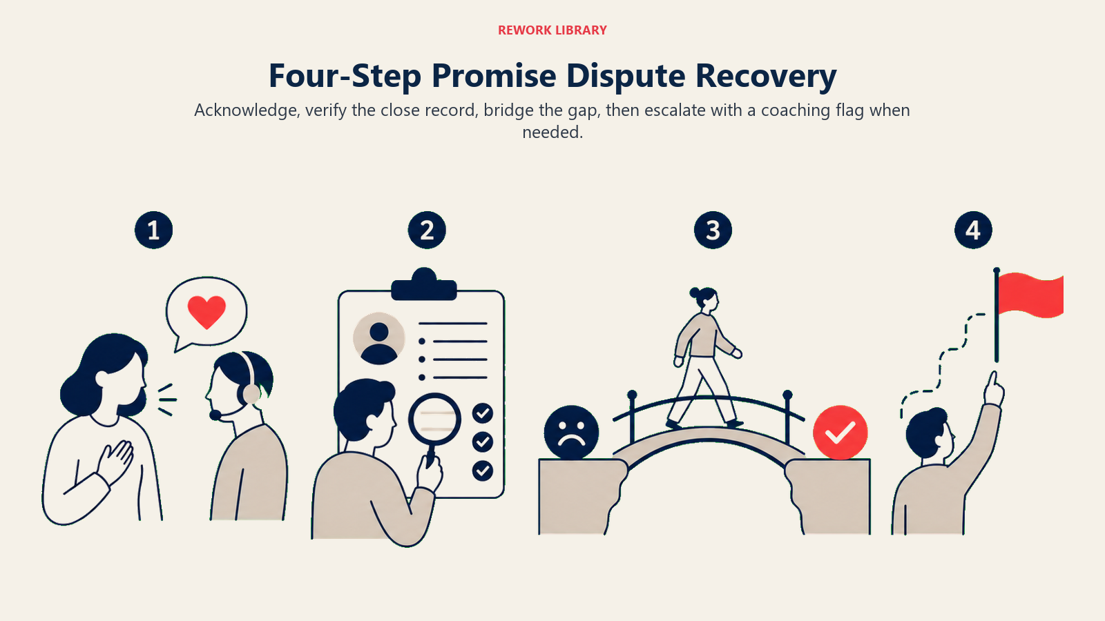 Four-Step Promise Dispute Recovery illustrated with a wide four-stage recovery sequence: listening ear, CRM record check, bridge across a promise gap, and upward escalation flag; sparse stage numbers 1, 2, 3, 4