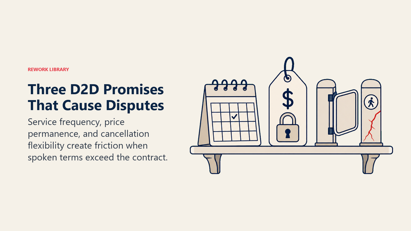 Three D2D Promises That Cause Disputes illustrated with three visibly different fragile promise objects on one shelf: a service calendar, a locked price tag, and an open exit gate, with a coral crack on the mismatched item
