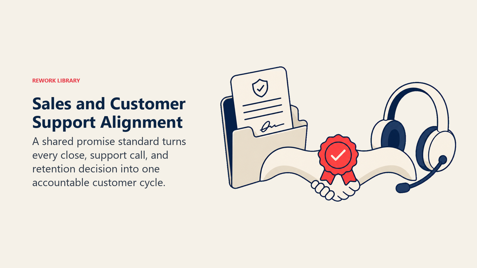 Sales and Customer Support Alignment illustrated with a rounded handshake-like bridge joining a sales contract folder to a support headset, with one coral promise seal held at the center