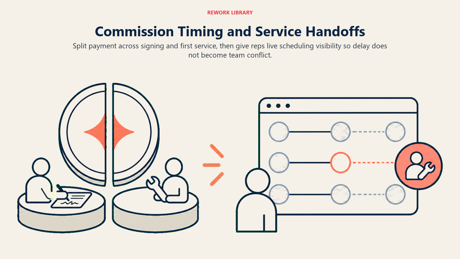 Commission timing and service handoffs shown through split payment milestones and transparent scheduling visibility