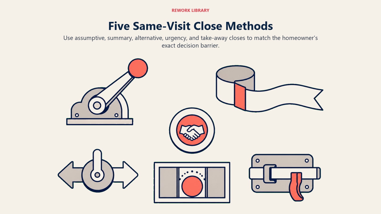 Five same-visit close methods represented by distinct tools for assumptive, summary, alternative, urgency, and take-away closes
