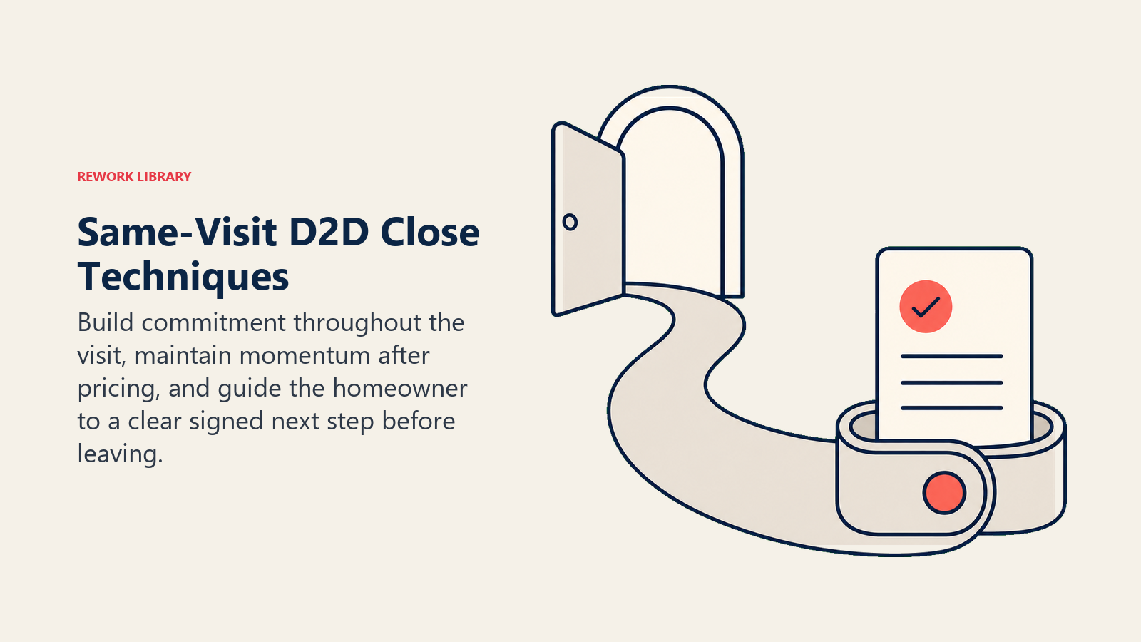 Same-visit D2D close techniques shown as doorstep momentum locking into a signed subscription commitment