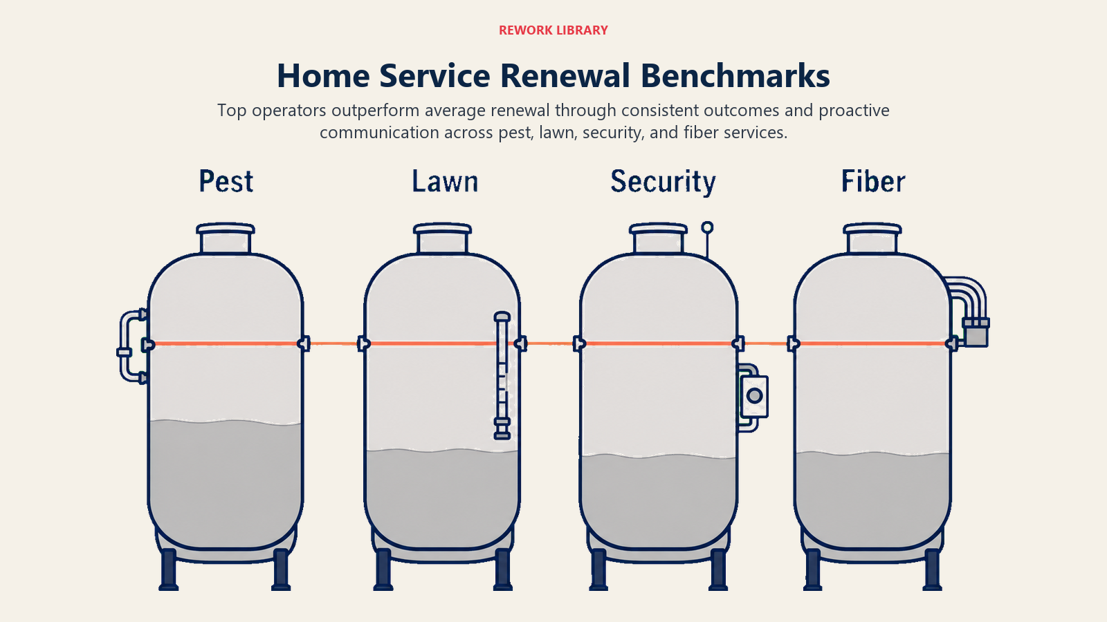 Home service renewal benchmarks comparing average and top performance across pest, lawn, security, and fiber