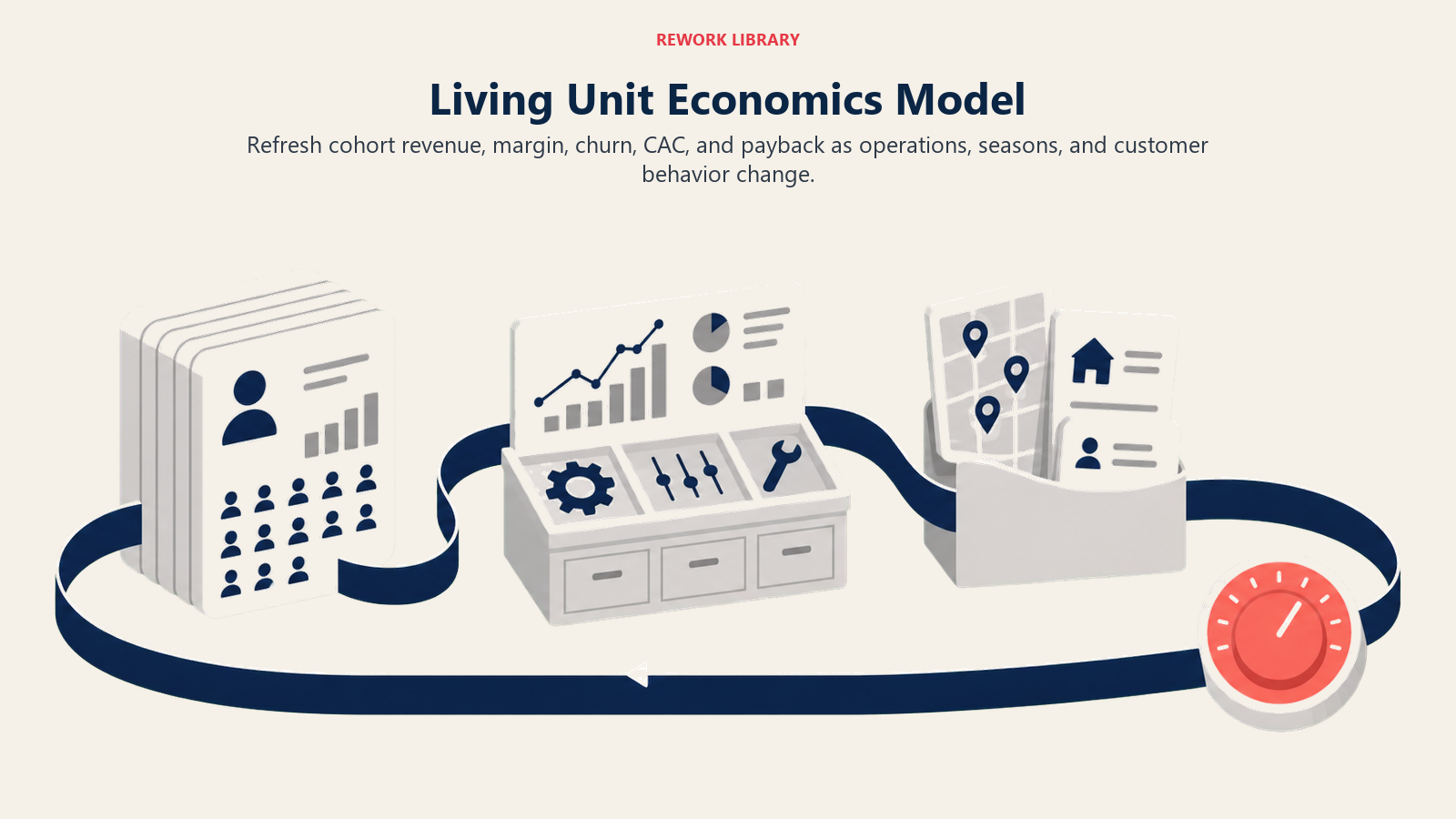 Living unit economics model shown as a continuous feedback loop between cohorts, operations, and acquisition
