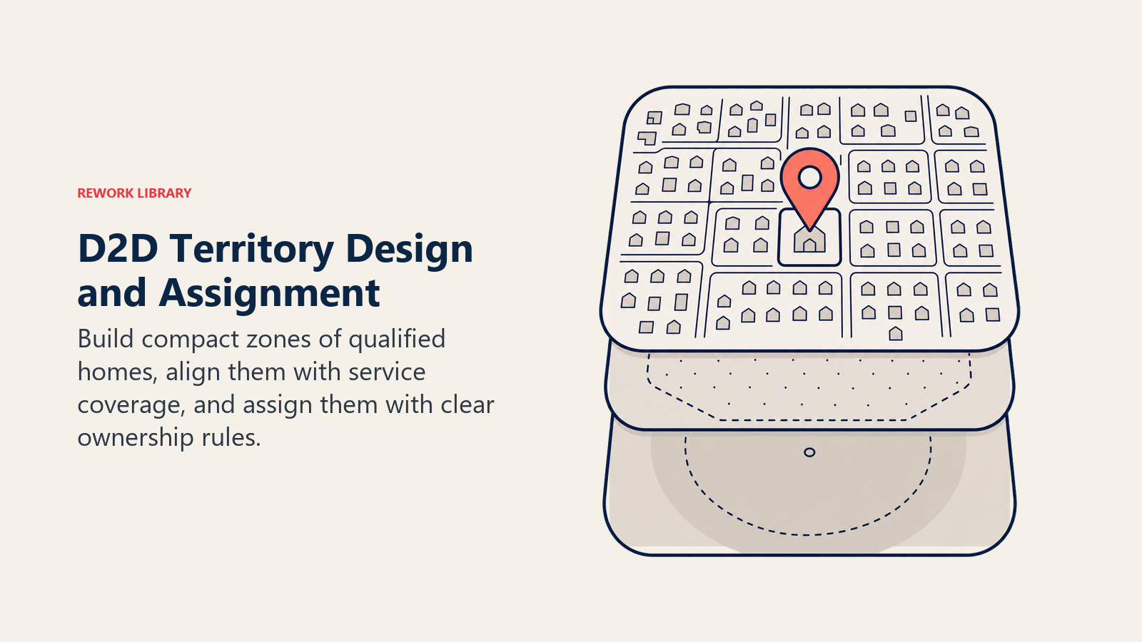 D2D territory design shown as a rounded map tile combining door density, customer fit, and rep ownership