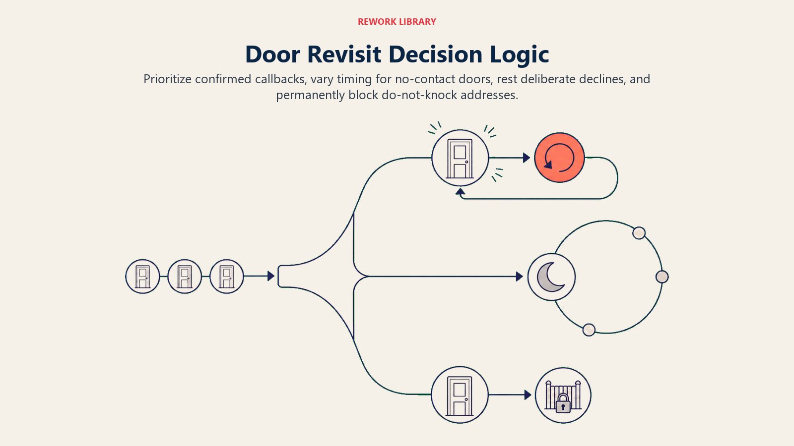 Door revisit decision logic routing callback, no-contact, rest, and do-not-knock outcomes into distinct actions
