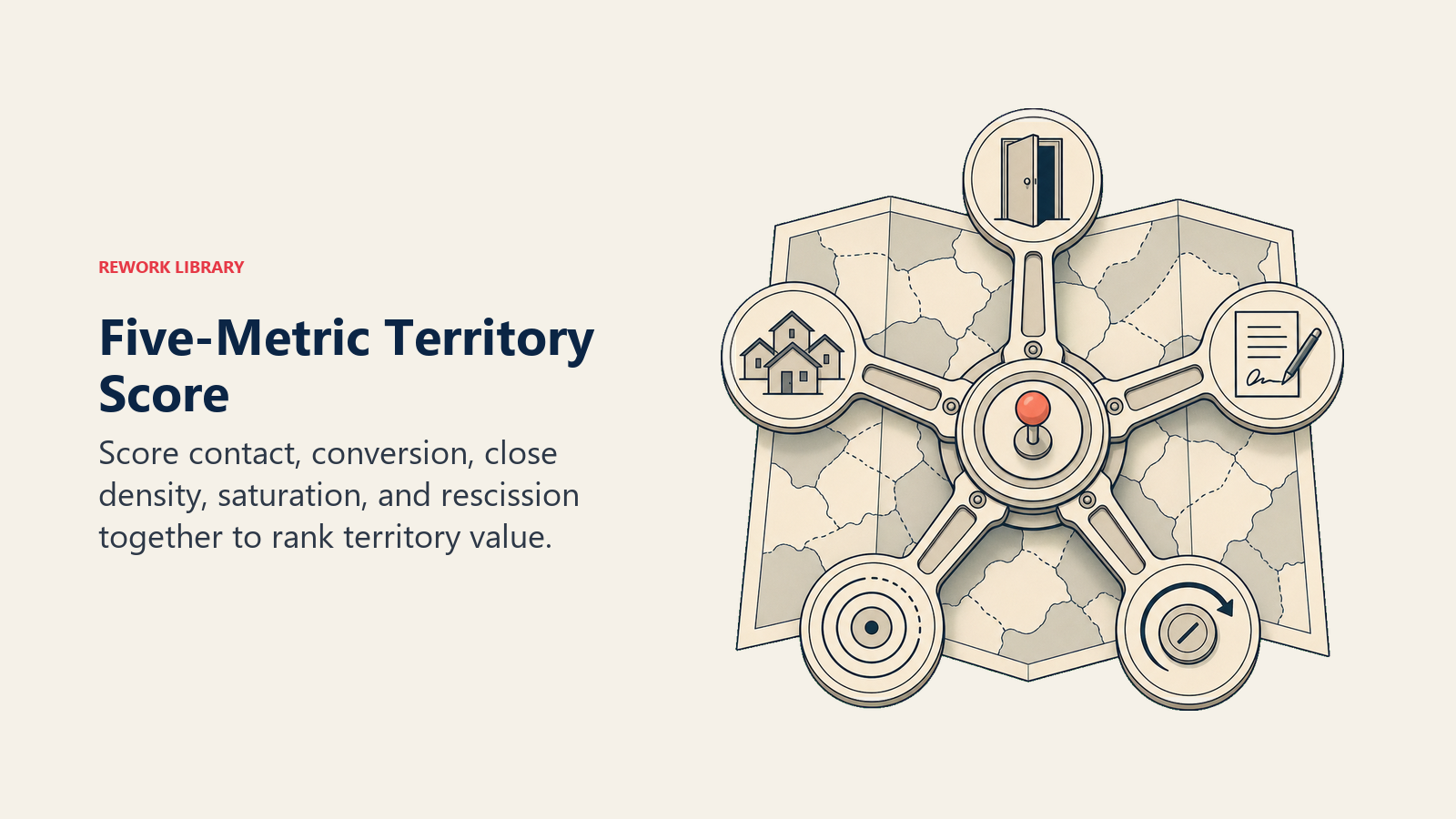 Five-metric territory score shown as a balanced wheel for contact, conversion, density, saturation, and rescission