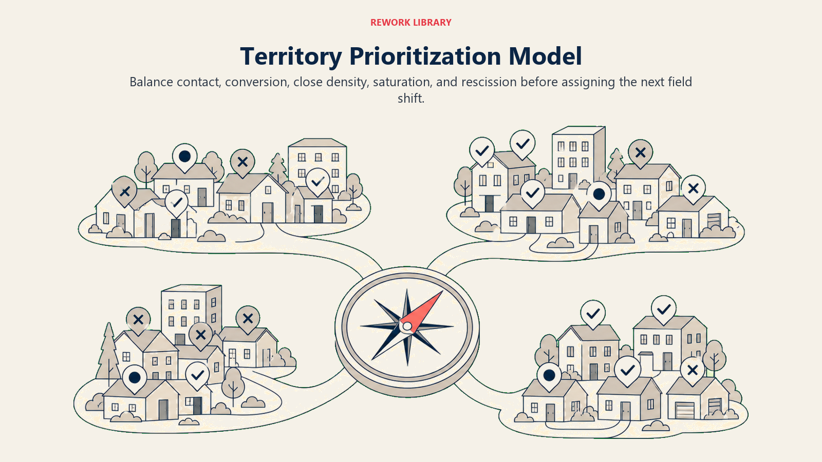 Territory prioritization model showing neighborhood zones evaluated before a team dispatch decision