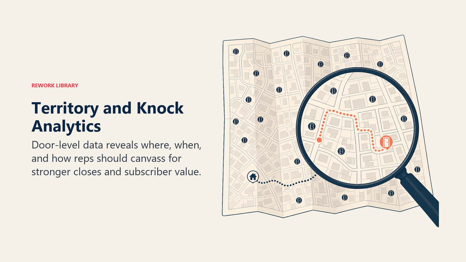 Territory and knock analytics illustrated by a neighborhood map lens turning door outcomes into an actionable route