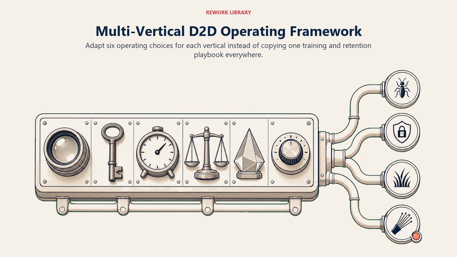 Multi-vertical D2D operating framework shown as six adaptable controls routing to pest, security, lawn, and fiber programs