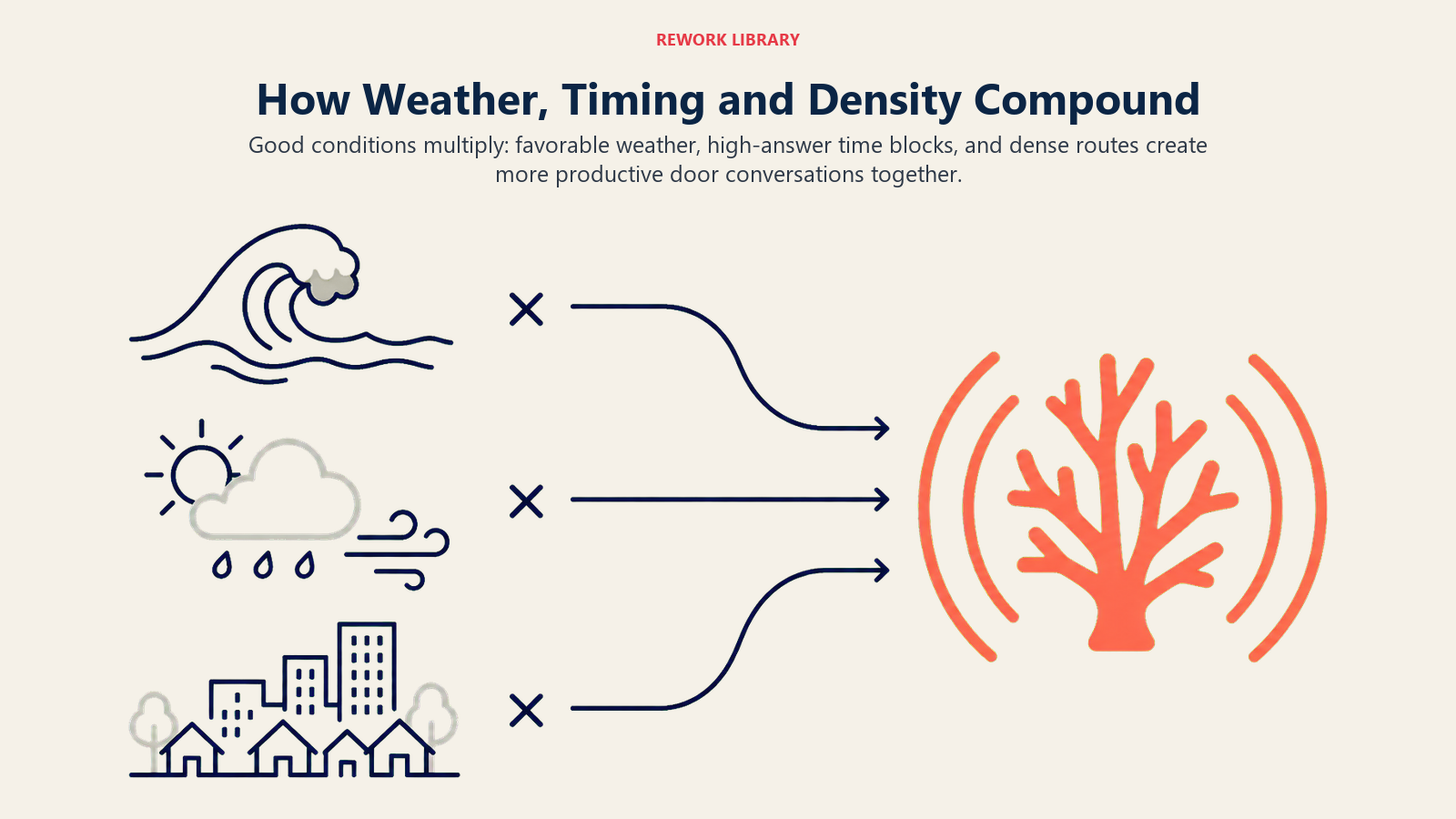 How Weather, Timing and Density Compound shown as three-factor multiplication