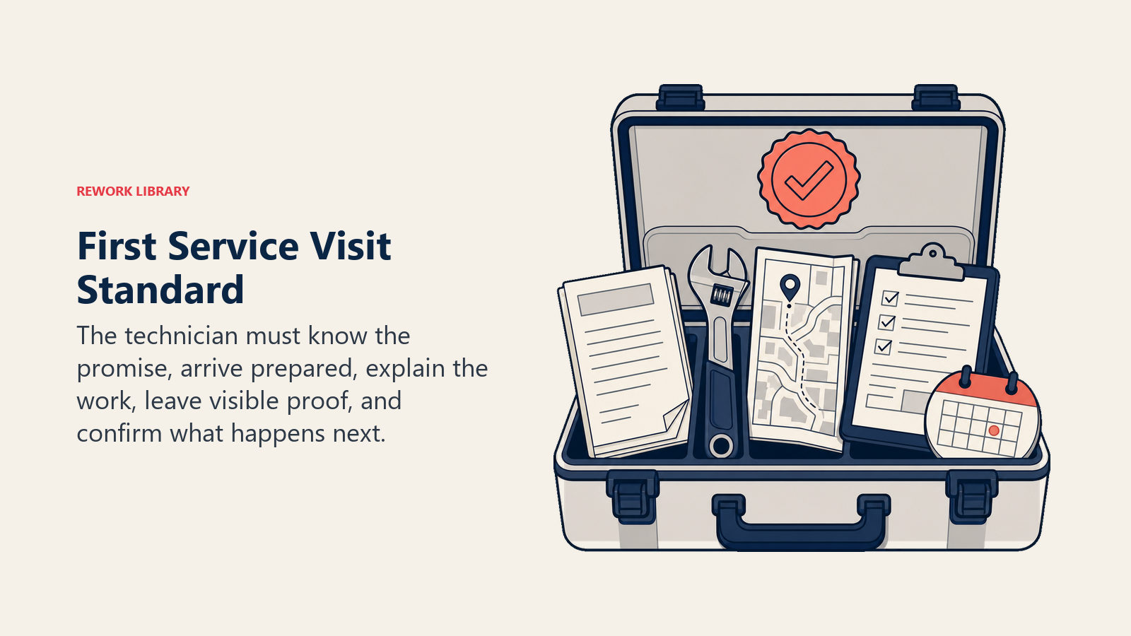 First service visit standard shown as a readiness case with customer notes, tools, service proof, and next appointment
