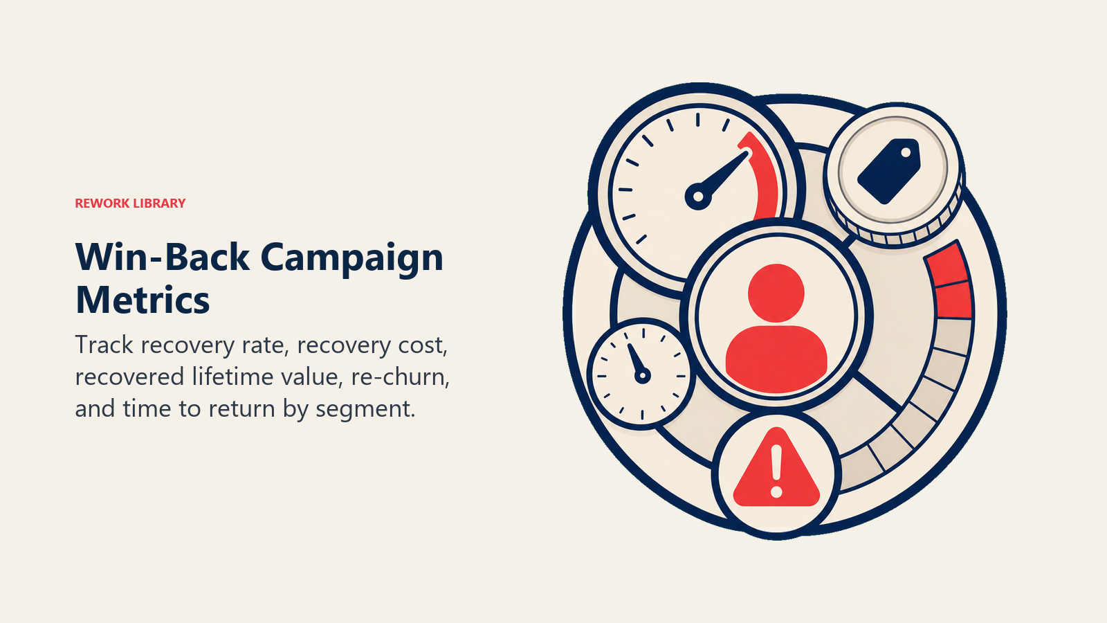 Win-Back Campaign Metrics illustrated with a compact recovery instrument combining a return-rate dial, cost token, lifetime ring, re-churn warning, and small elapsed-time hand around one coral recovered account