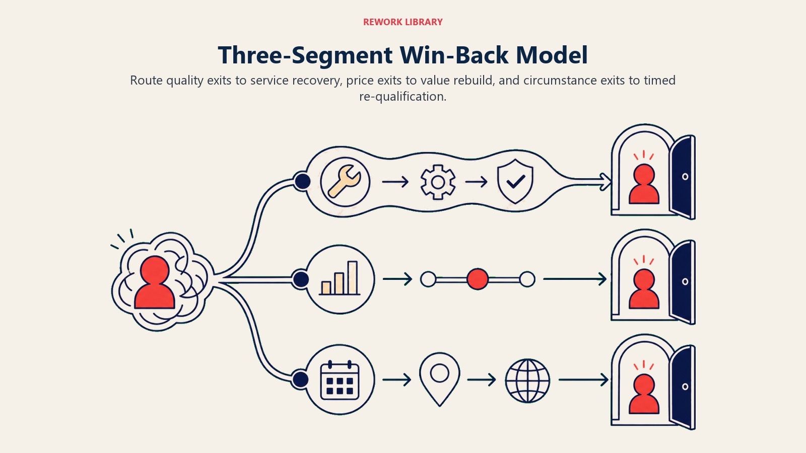 Three-Segment Win-Back Model illustrated with a wide three-lane sorting framework: repair tool lane, value scale lane, and calendar-location lane, each leading to a distinct return doorway with one coral recovered account