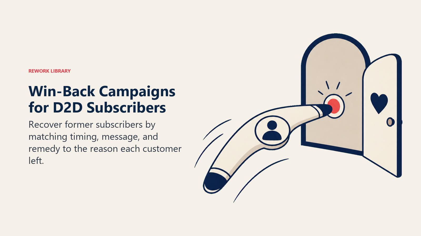 Win-Back Campaigns for D2D Subscribers illustrated with a smooth return boomerang carrying a former customer account token back toward an open service doorway, with one coral reconnection point