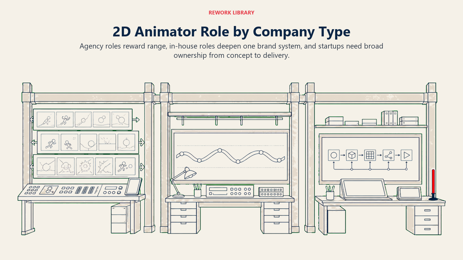 2D animator role by company type across agency, in-house, and startup animation bays