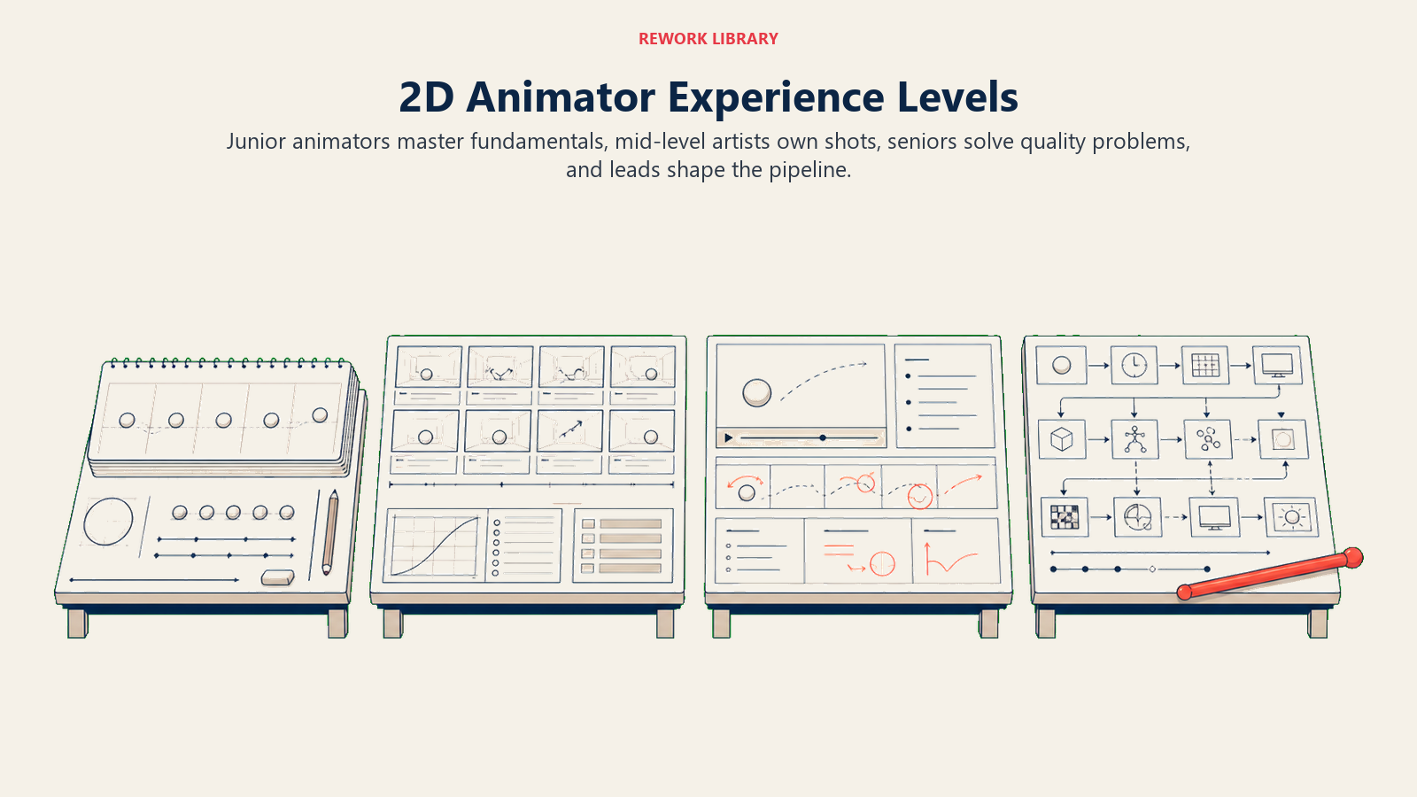 2D animator experience levels from fundamentals to production pipeline leadership