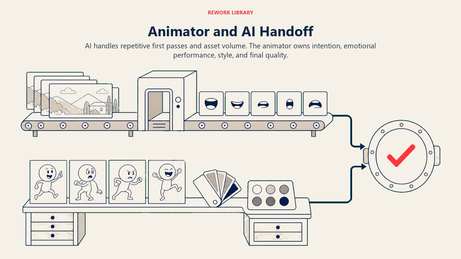 Animator and AI handoff with automated first-pass lane and human quality review gate