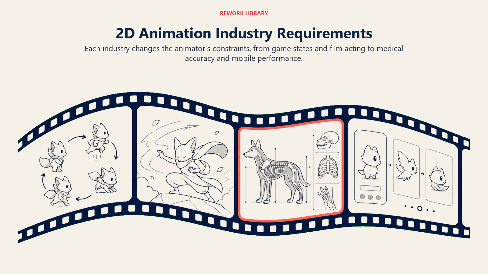 2D animation industry requirements shown as a filmstrip adapting to game, film, medical, and mobile constraints