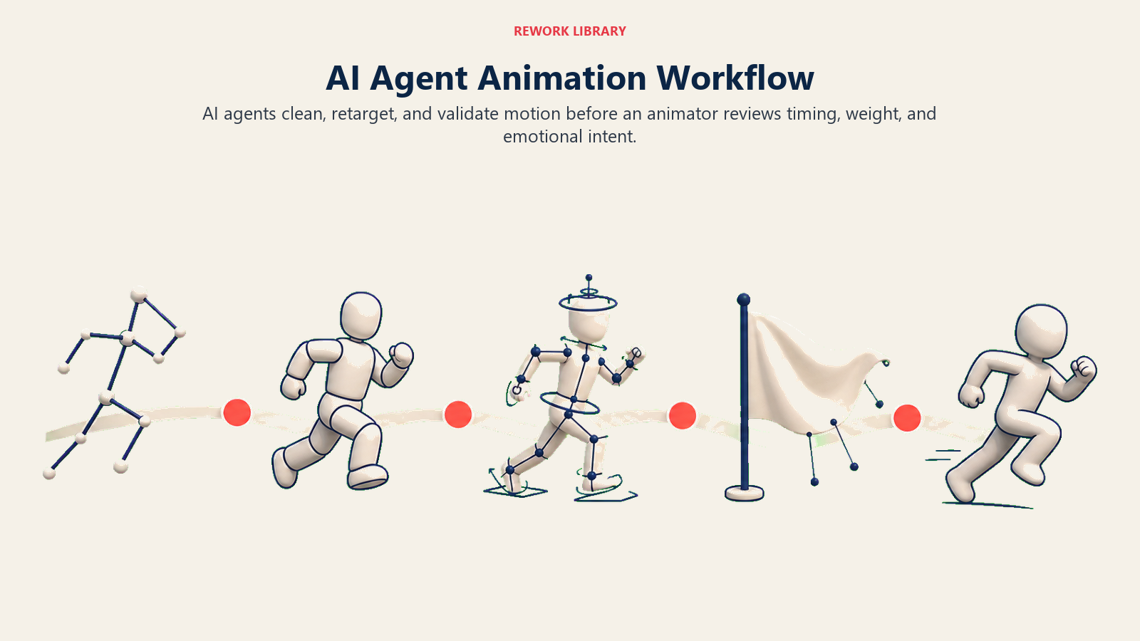 AI Agent Animation Workflow illustrated with five-stage motion pipeline from capture through human polish