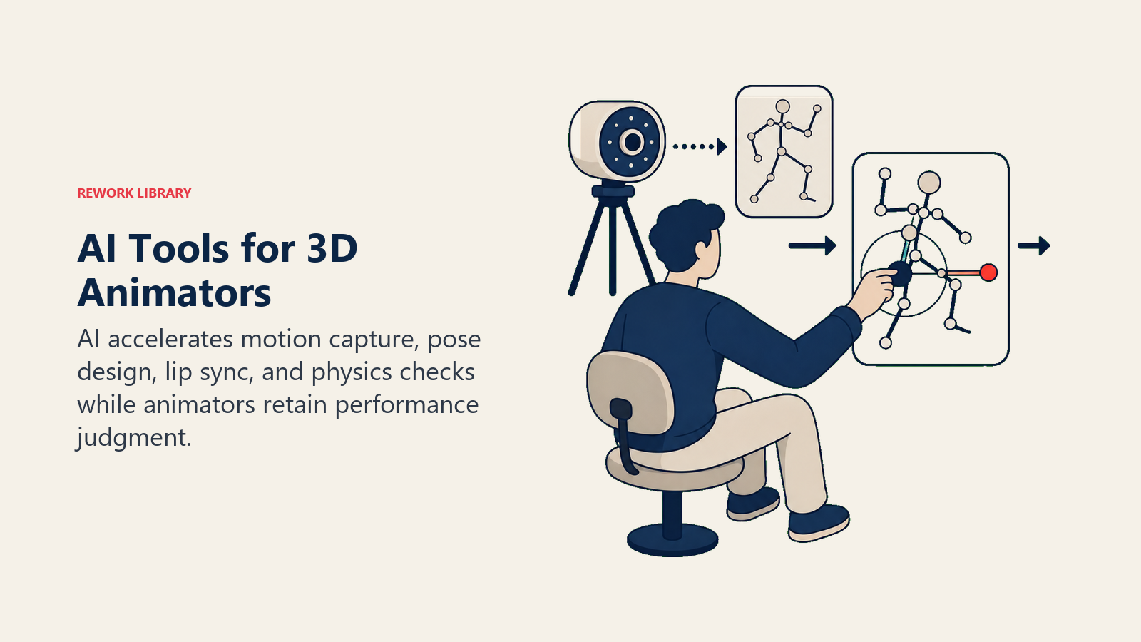 AI Tools for 3D Animators illustrated with motion camera feeding a skeletal pose into an animator adjustment handle and polished keyframe