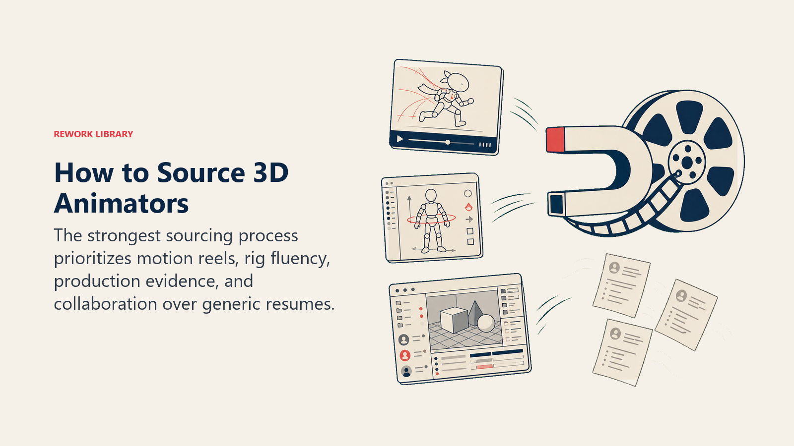 How to Source 3D Animators illustrated with portfolio-reel magnet drawing strong motion, rigging, and collaboration artifacts