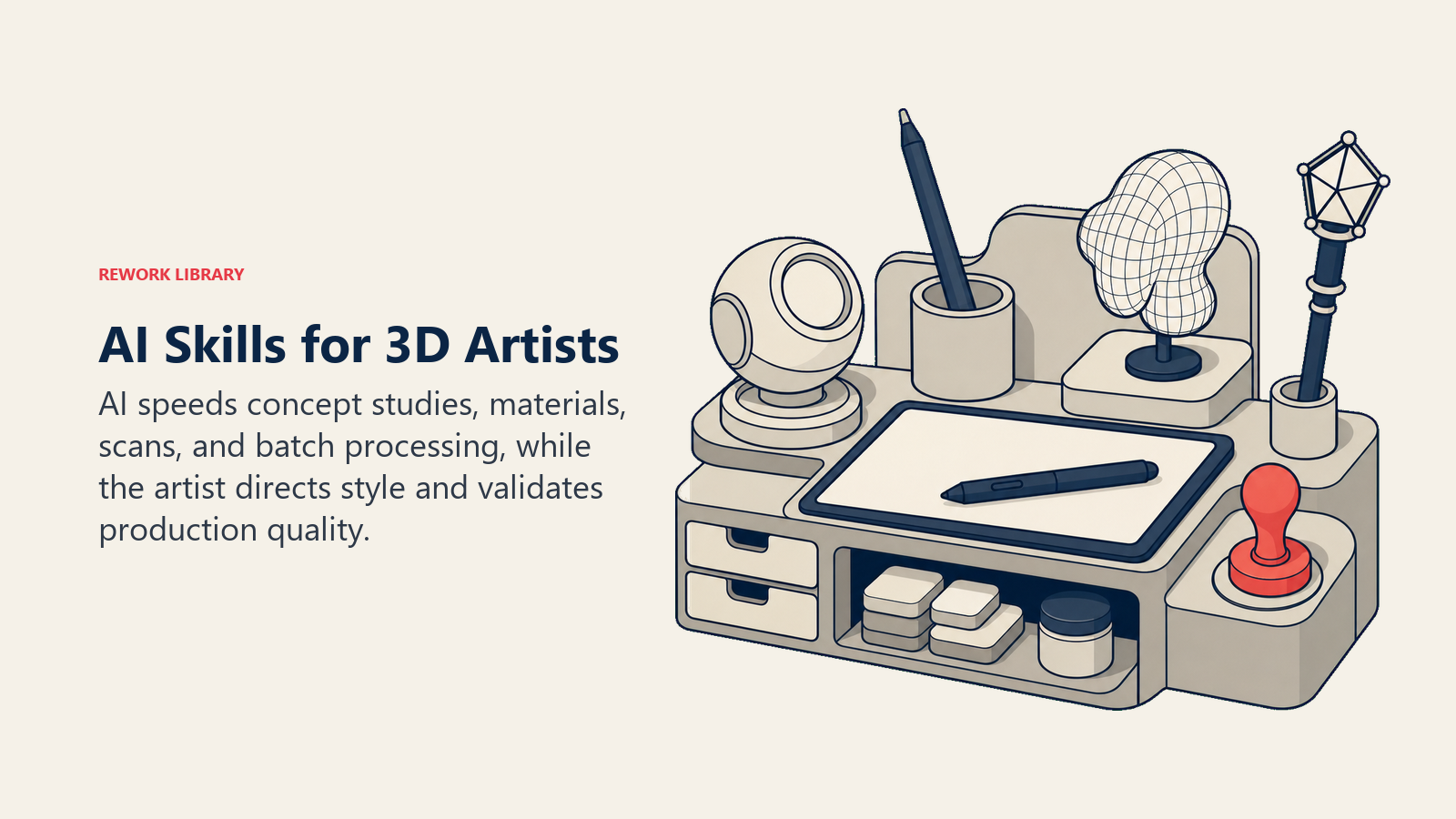 Habilidades de IA para Artistas 3D mostradas como una mesa de trabajo compacta con un lápiz óptico, una esfera de material, una malla escaneada, una varita de nodos y un sello de aprobación coral.