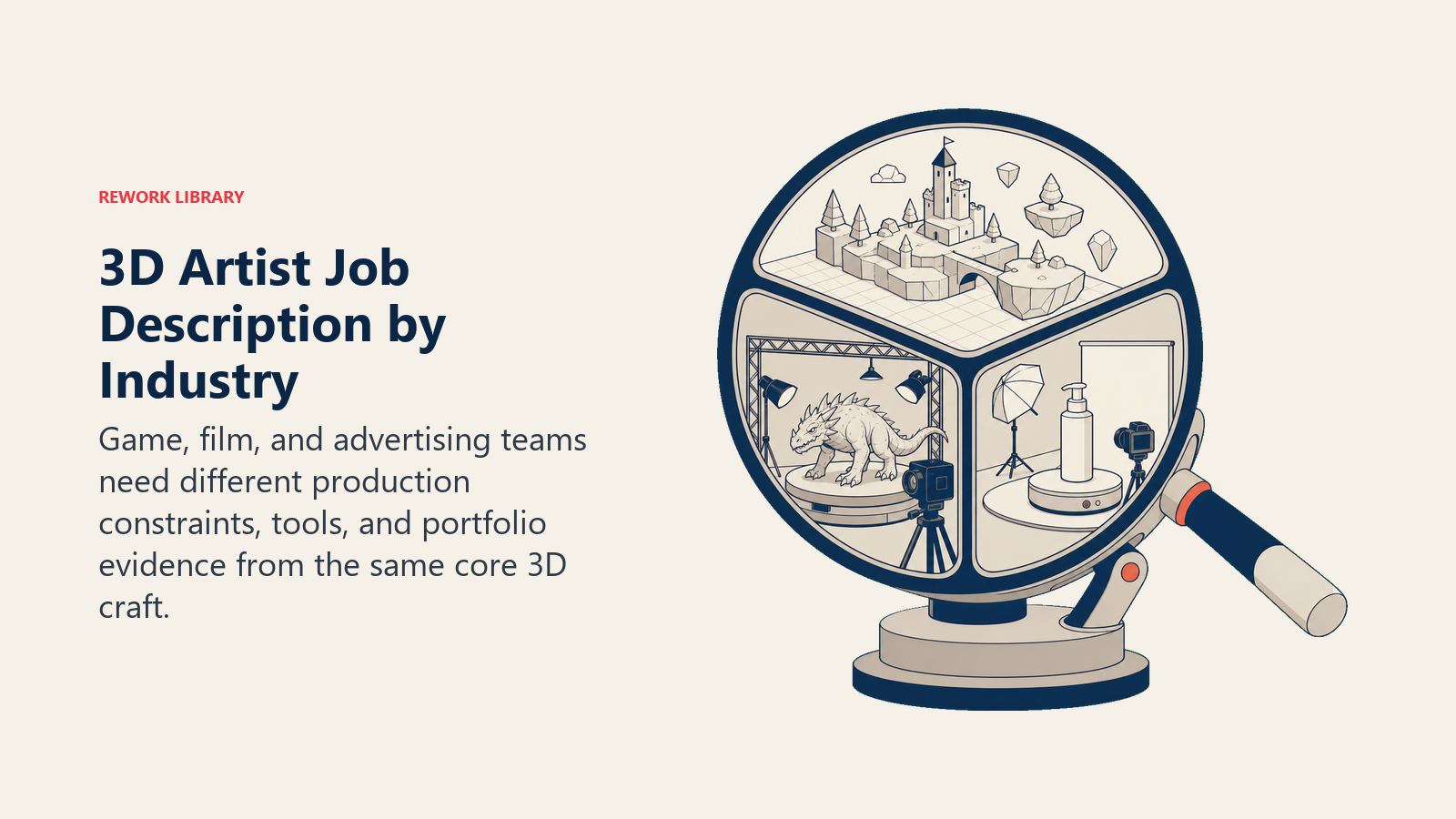 3D Artist Job Description by Industry shown as three distinct miniature production portals inside one lens: real-time game world, film creature stage, and advertising product turntable.