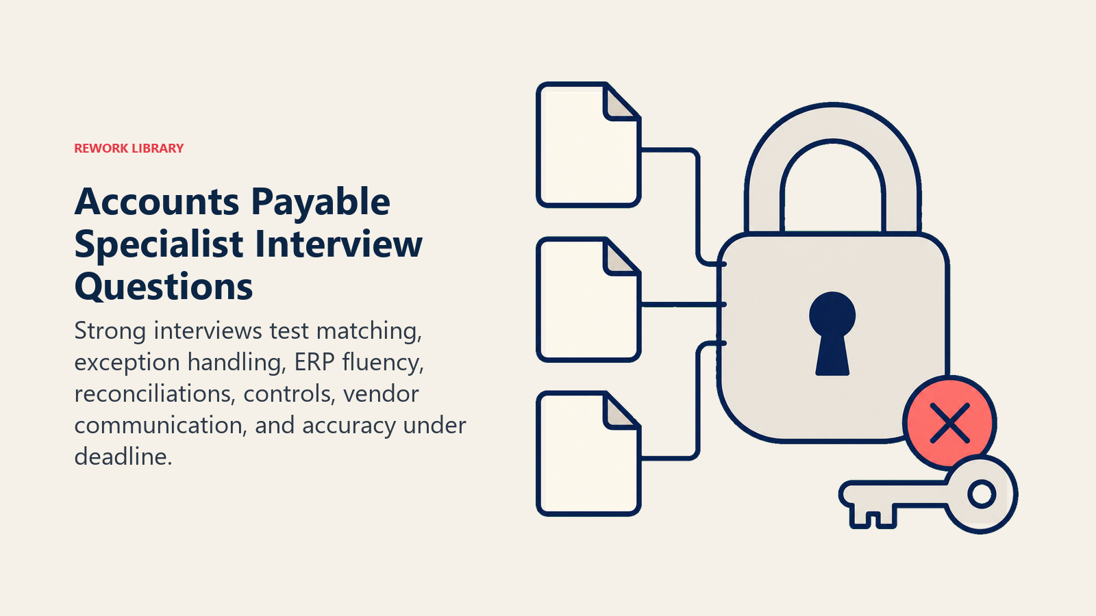 Accounts Payable Specialist interview questions represented by a three-document matching lock