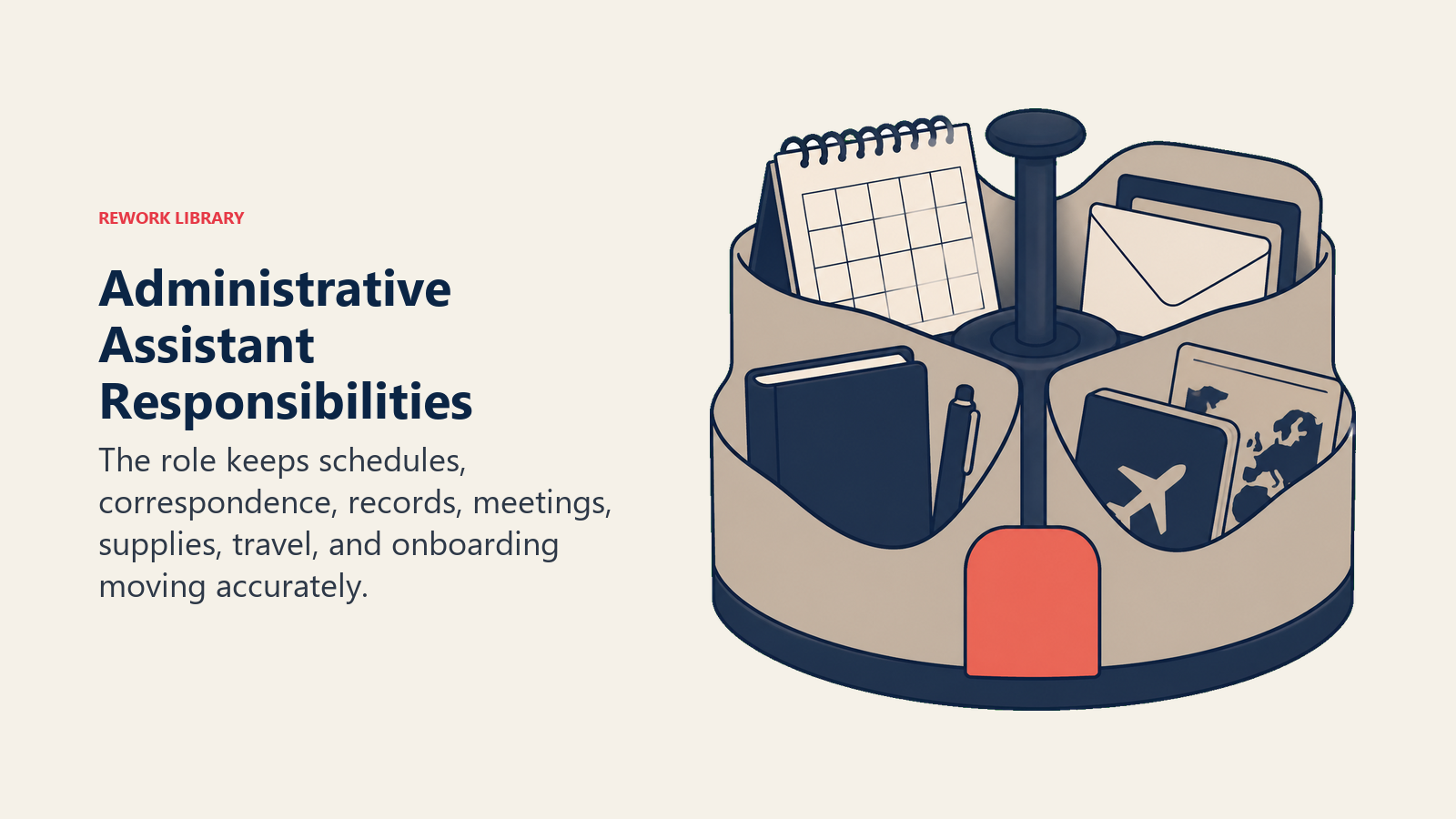 Administrative assistant responsibilities shown as an organized rotating task station