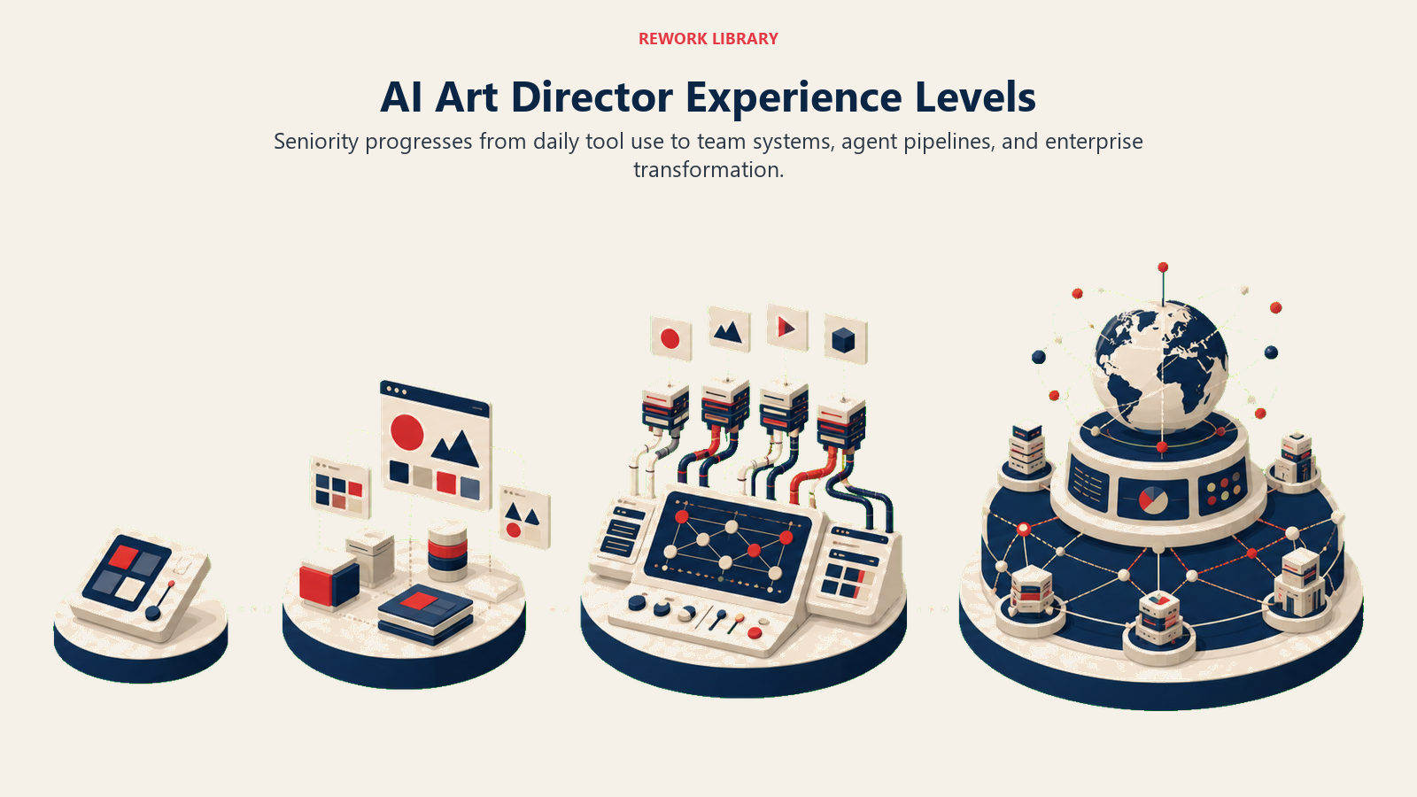 Four-stage progression from individual AI tool use to enterprise creative transformation leadership