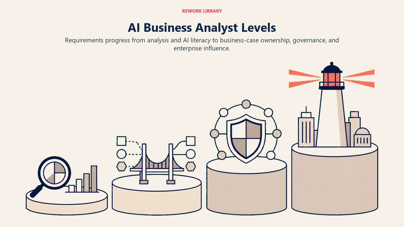 AI Business Analyst requirements by experience level progressing from analysis skills to enterprise governance