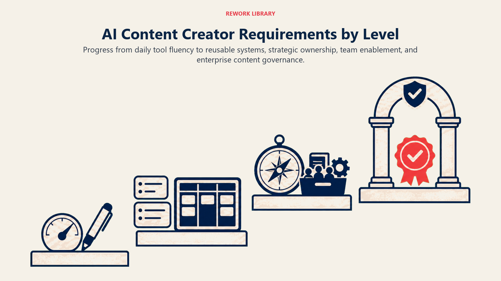 AI content creator requirements by level shown as a progression from daily tool fluency to strategic governance