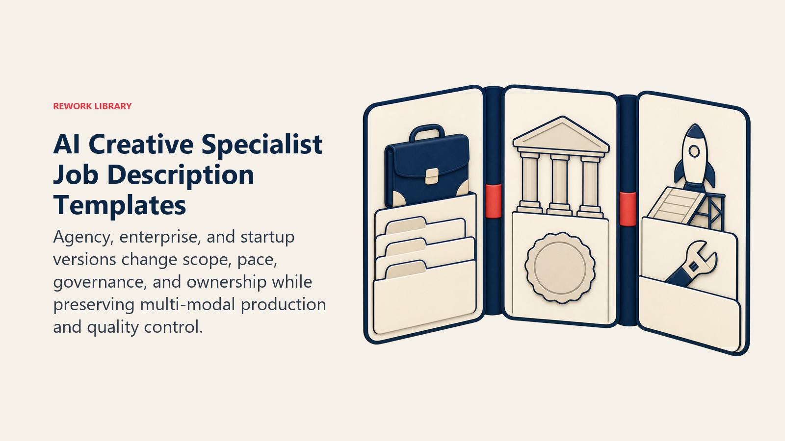 AI Creative Specialist job description templates shown as a three-part dossier for agency, enterprise, and startup contexts