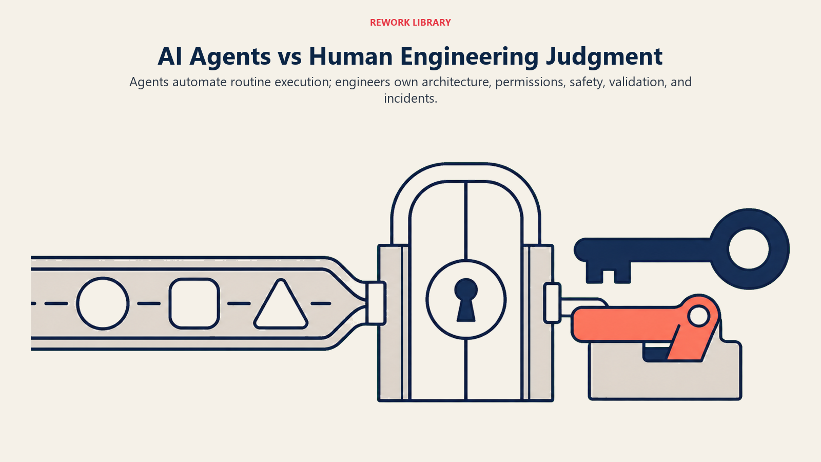 AI agents versus human engineering judgment shown as an automation rail controlled by a safety gate