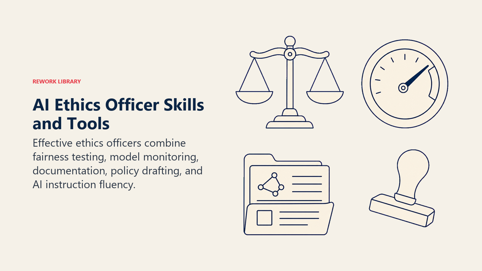 AI Ethics Officer Skills and Tools illustration showing fairness scanners, drift monitoring, model cards, red-team plans, prompt libraries.