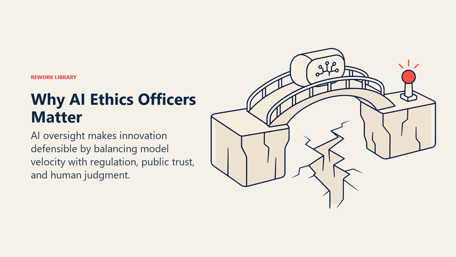 Why AI Ethics Officers Matter illustration showing regulatory scrutiny, algorithmic incidents, judgment after automated scans.