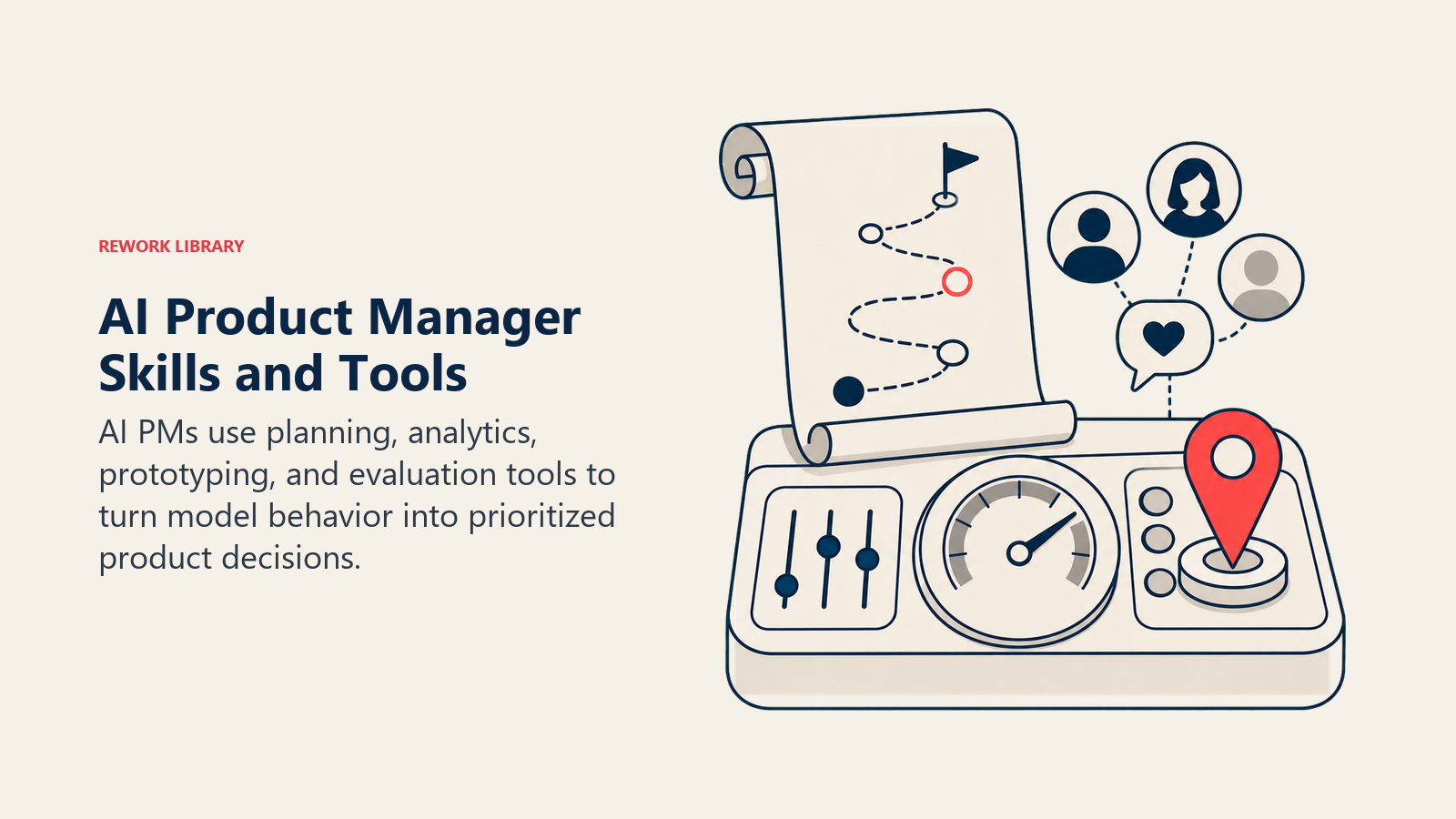 AI Product Manager Skills and Tools illustrated with AI PM control desk
